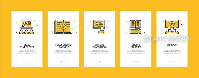 E-Learning, Online Education, Home Schooling Concept Onboarding Mobile App Page Screen with Flat Icons.移动应用程序页面屏幕。用户体验，用户界面设计模板矢量插图